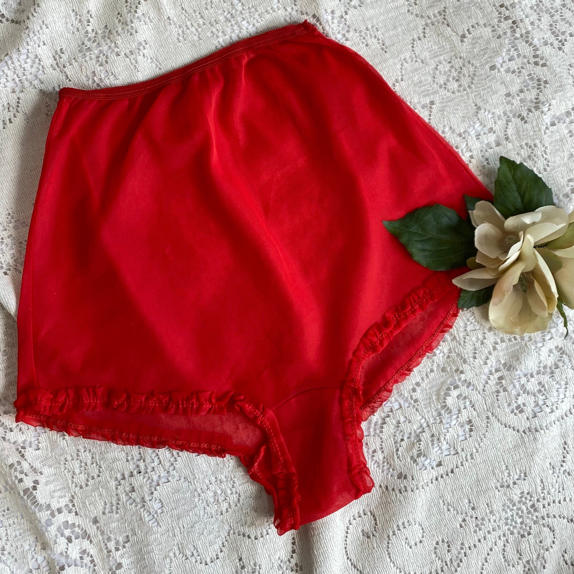Vintage 1950's Tap Panties | Sheer Red Nylon with Ruffles & Unlined Gusset Crotch | Size XS, S