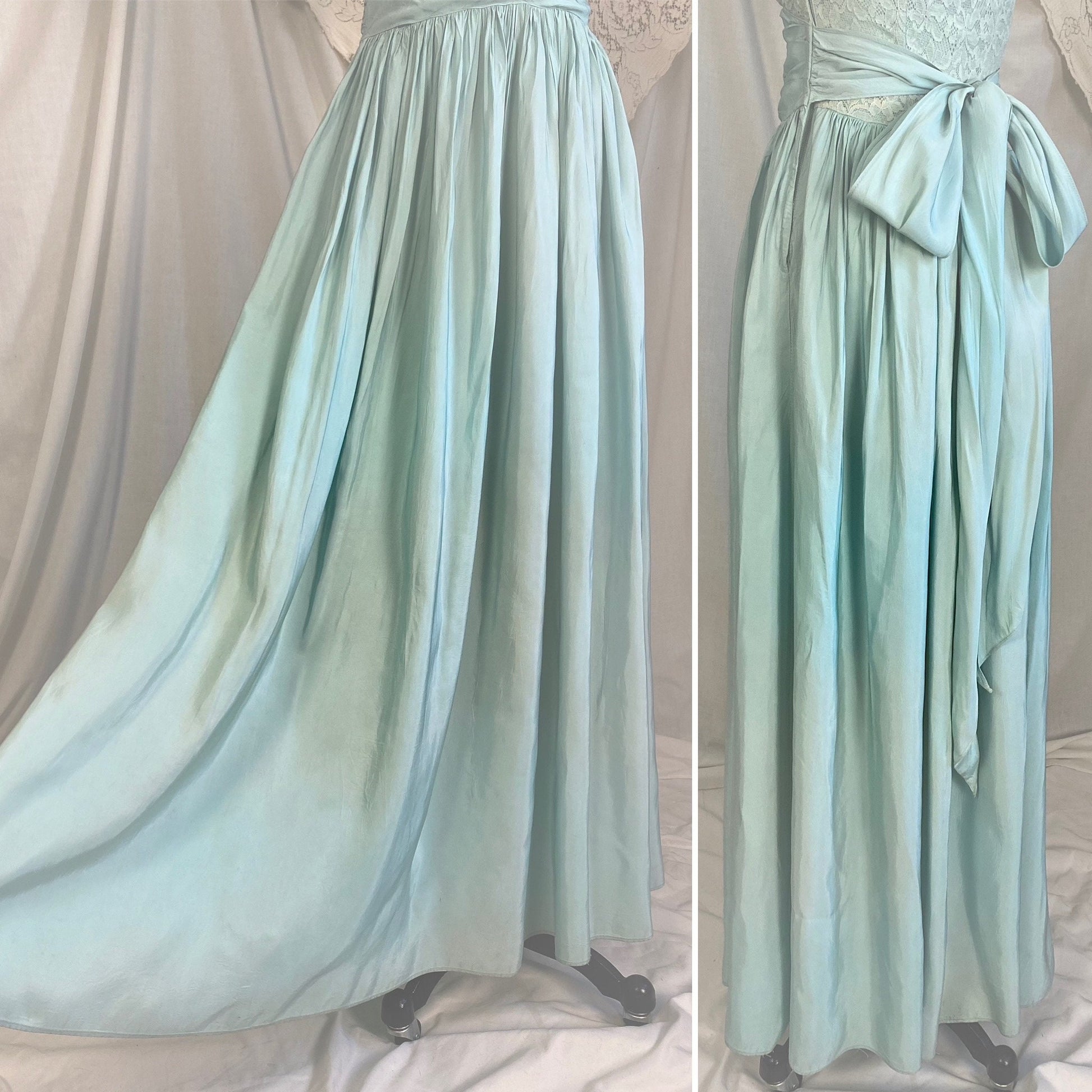 Vintage 1940's Maxi Dress | Dusty Pale Blue Floral Cotton Lace with Rayon Taffeta Skirt | Size XS