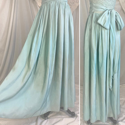 Vintage 1940's Maxi Dress | Dusty Pale Blue Floral Cotton Lace with Rayon Taffeta Skirt | Size XS
