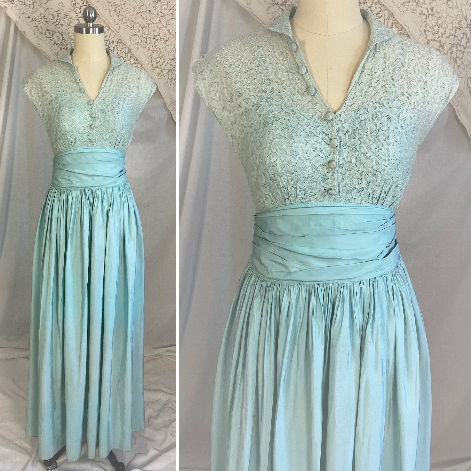 Vintage 1940's Maxi Dress | Dusty Pale Blue Floral Cotton Lace with Rayon Taffeta Skirt | Size XS