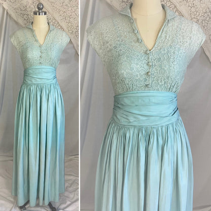Vintage 1940's Maxi Dress | Dusty Pale Blue Floral Cotton Lace with Rayon Taffeta Skirt | Size XS