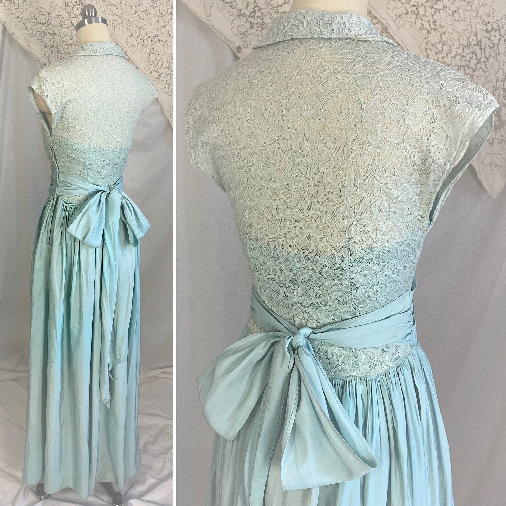 Vintage 1940's Maxi Dress | Dusty Pale Blue Floral Cotton Lace with Rayon Taffeta Skirt | Size XS