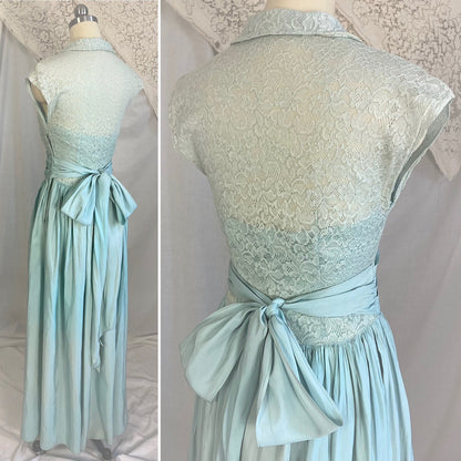 Vintage 1940's Maxi Dress | Dusty Pale Blue Floral Cotton Lace with Rayon Taffeta Skirt | Size XS