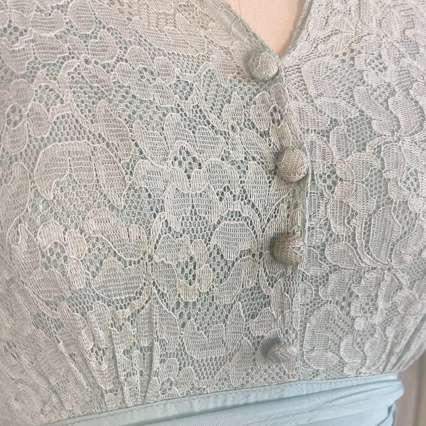 Vintage 1940's Maxi Dress | Dusty Pale Blue Floral Cotton Lace with Rayon Taffeta Skirt | Size XS