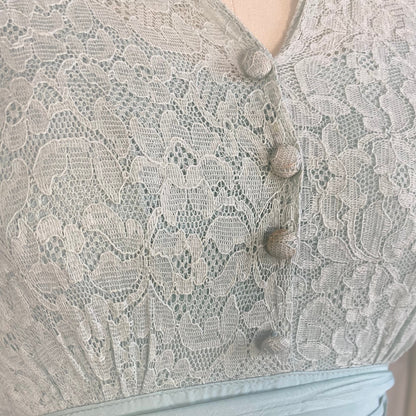 Vintage 1940's Maxi Dress | Dusty Pale Blue Floral Cotton Lace with Rayon Taffeta Skirt | Size XS