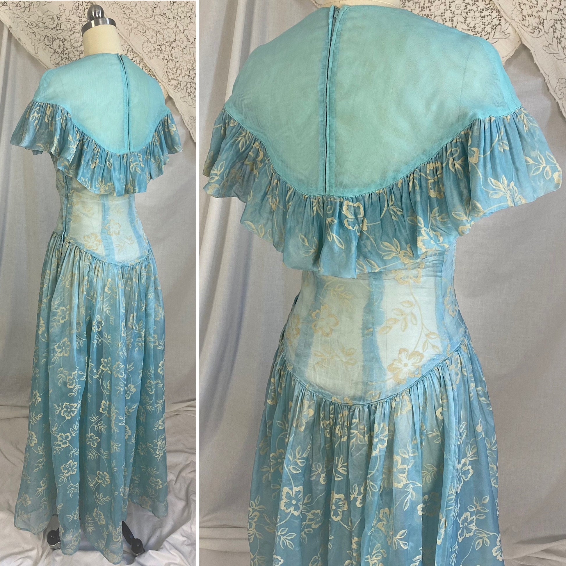 Vintage 1940's Maxi Dress | Sheer Sky Blue Rayon Organza with Fuzzy Cream Floral Pattern & Ruffled Yoke | Size XS