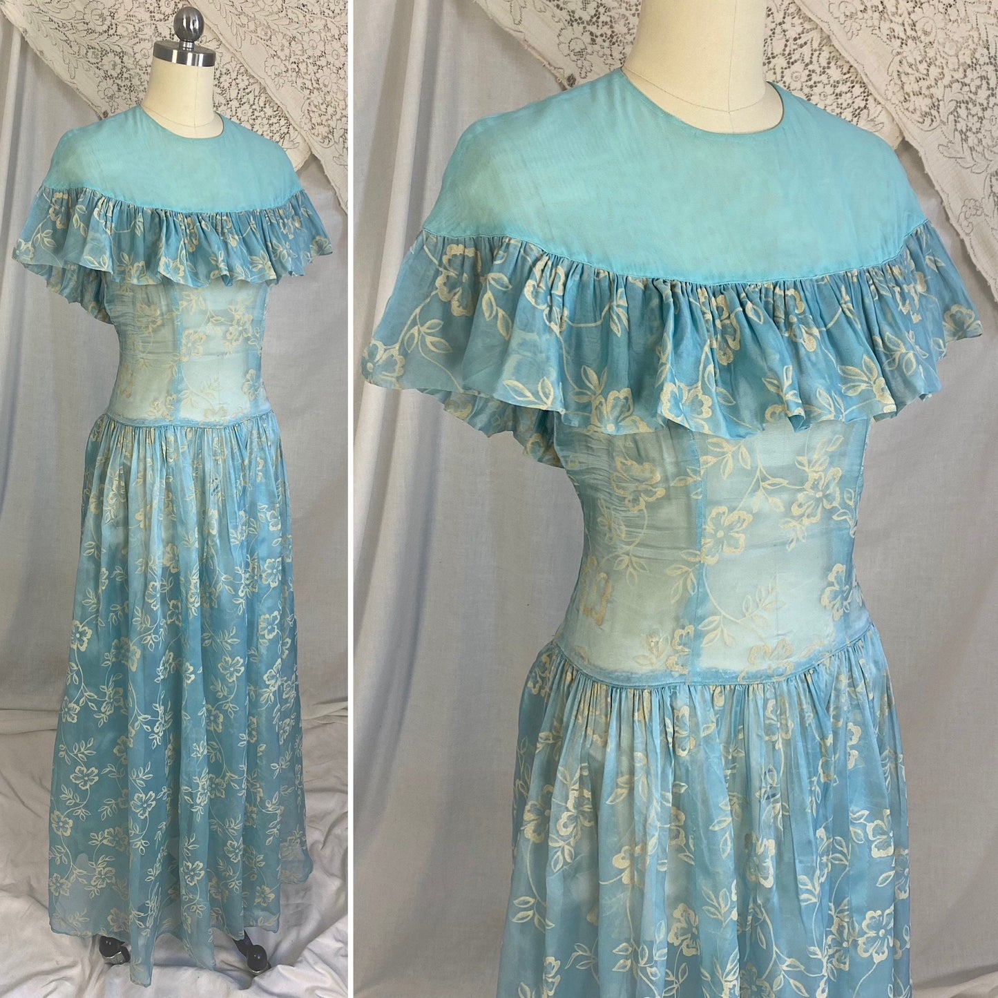 Vintage 1940's Maxi Dress | Sheer Sky Blue Rayon Organza with Fuzzy Cream Floral Pattern & Ruffled Yoke | Size XS
