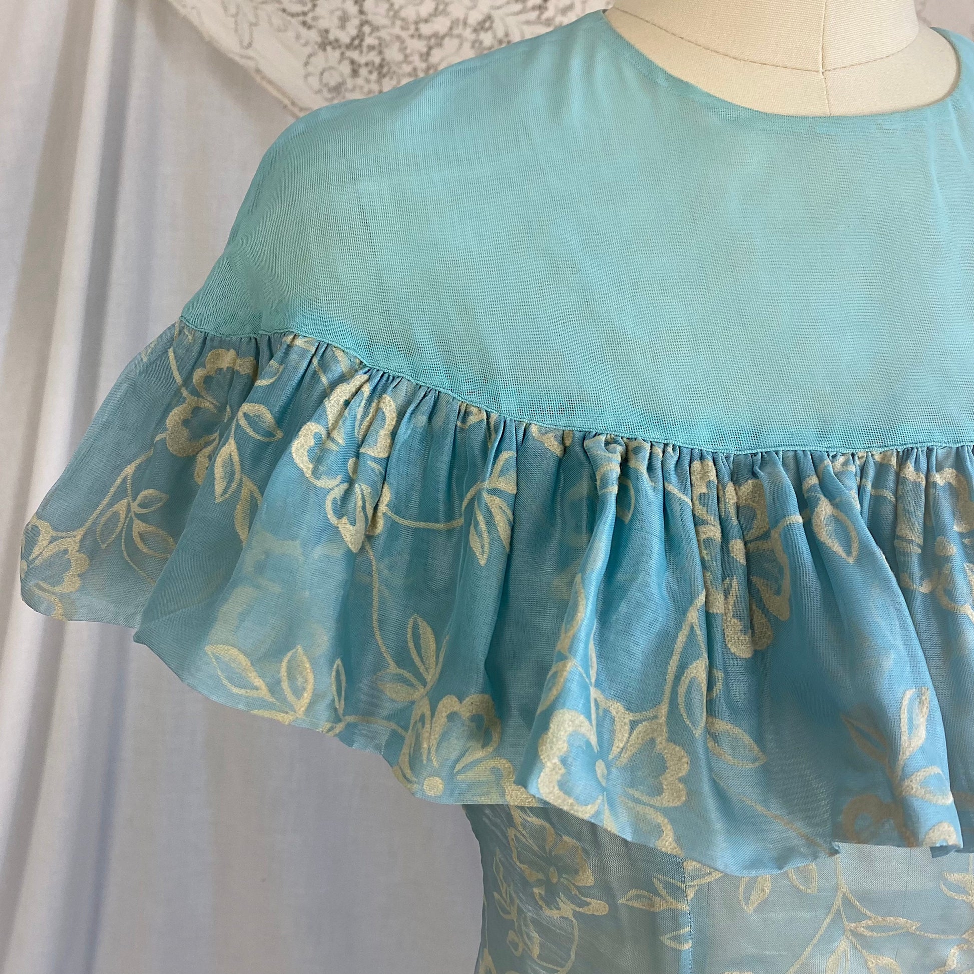 Vintage 1940's Maxi Dress | Sheer Sky Blue Rayon Organza with Fuzzy Cream Floral Pattern & Ruffled Yoke | Size XS