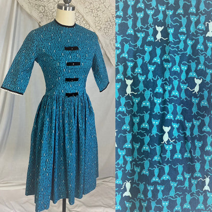 1950's - 1960's Full Swing Dress | Blue Cotton with Atomic Kitty Cat Print & Rhinestone Black Velvet Bows | Size XS Petite | Semitee N