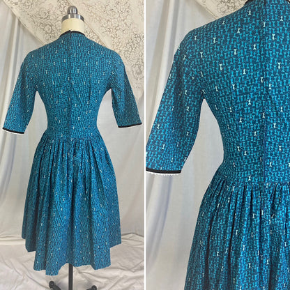 1950's - 1960's Full Swing Dress | Blue Cotton with Atomic Kitty Cat Print & Rhinestone Black Velvet Bows | Size XS Petite | Semitee N