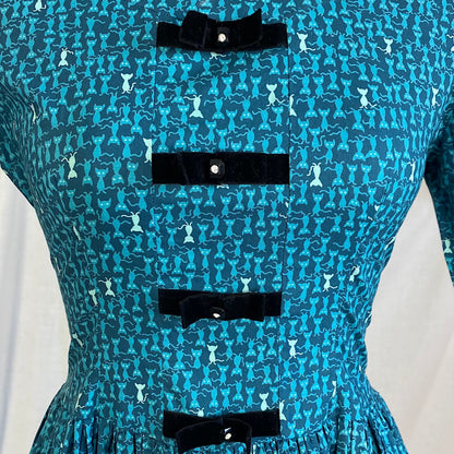 1950's - 1960's Full Swing Dress | Blue Cotton with Atomic Kitty Cat Print & Rhinestone Black Velvet Bows | Size XS Petite | Semitee N