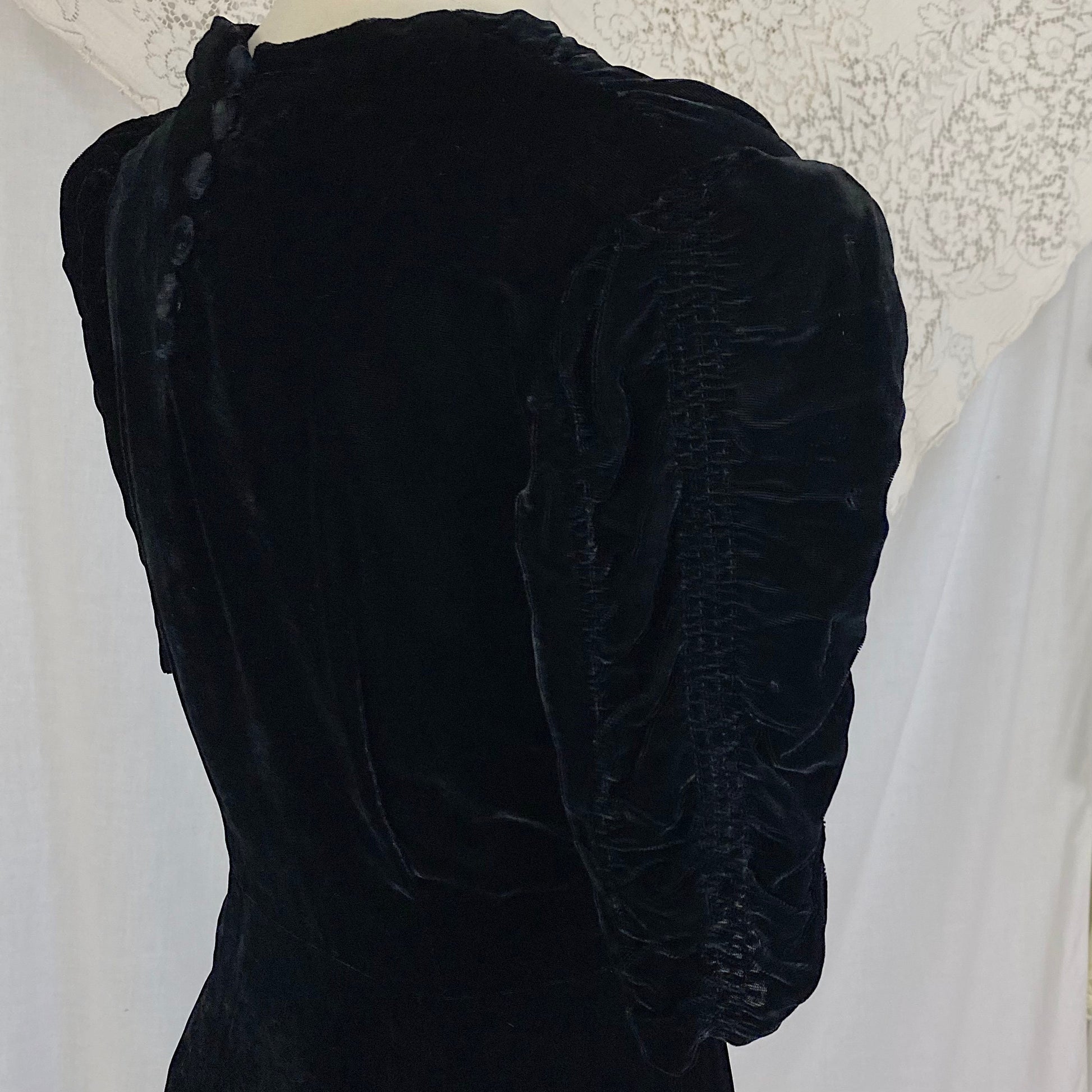 Vintage 1940's Dress | Deep Black Rayon Velvet with Ruched Puff Sleeves & Fabric Covered Buttons | Size M | New with Tags