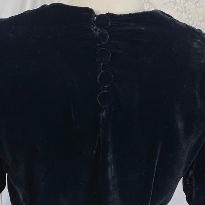 Vintage 1940's Dress | Deep Black Rayon Velvet with Ruched Puff Sleeves & Fabric Covered Buttons | Size M | New with Tags