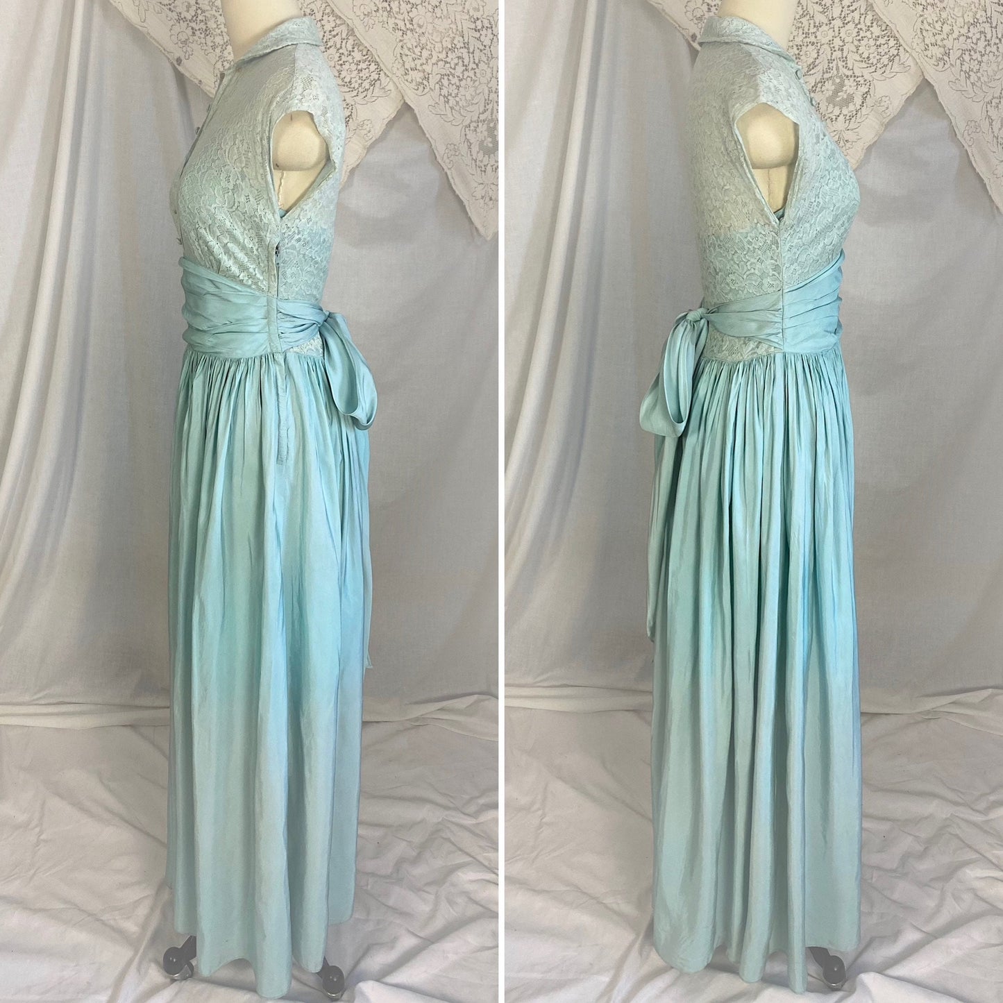 Vintage 1940's Maxi Dress | Dusty Pale Blue Floral Cotton Lace with Rayon Taffeta Skirt | Size XS