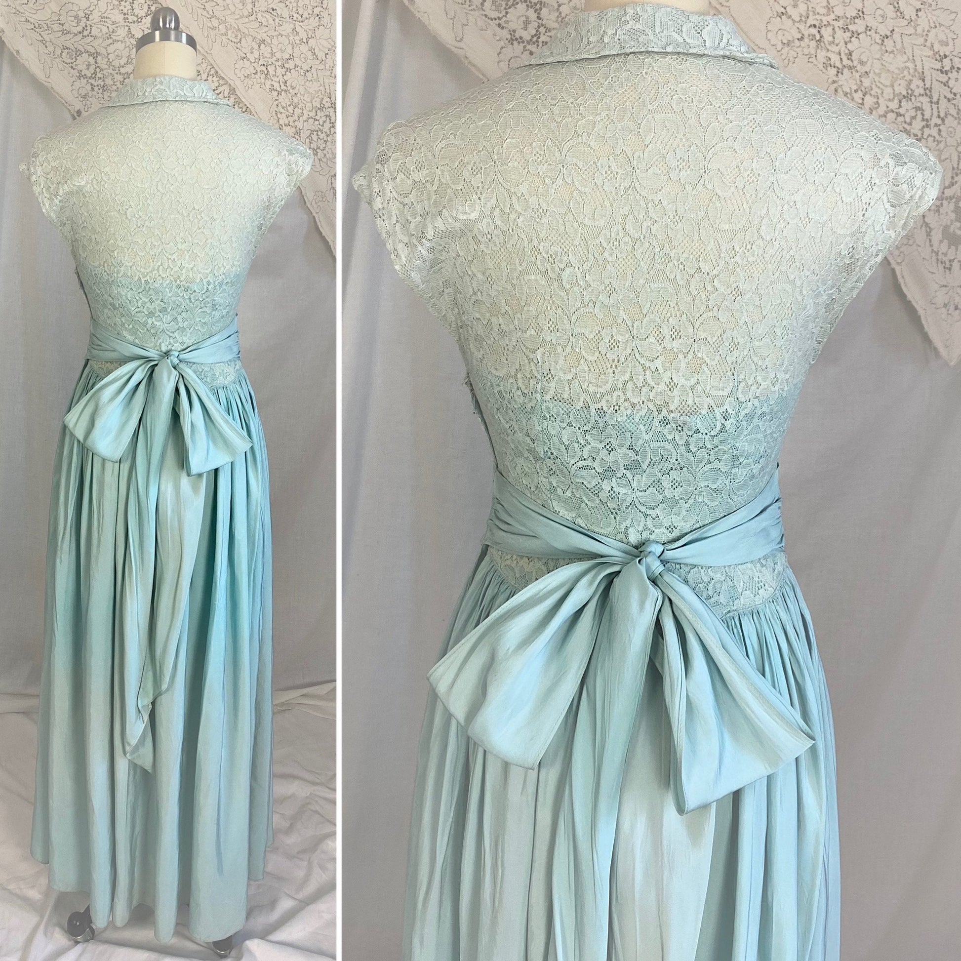 Vintage 1940's Maxi Dress | Dusty Pale Blue Floral Cotton Lace with Rayon Taffeta Skirt | Size XS