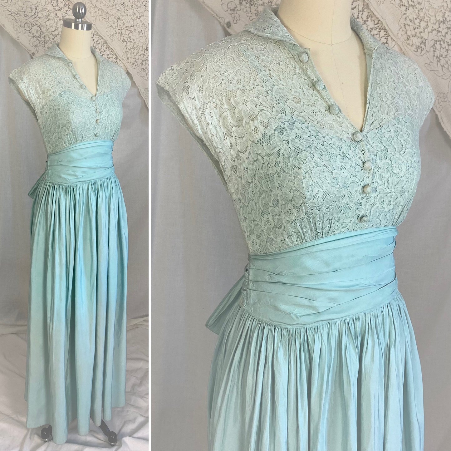 Vintage 1940's Maxi Dress | Dusty Pale Blue Floral Cotton Lace with Rayon Taffeta Skirt | Size XS
