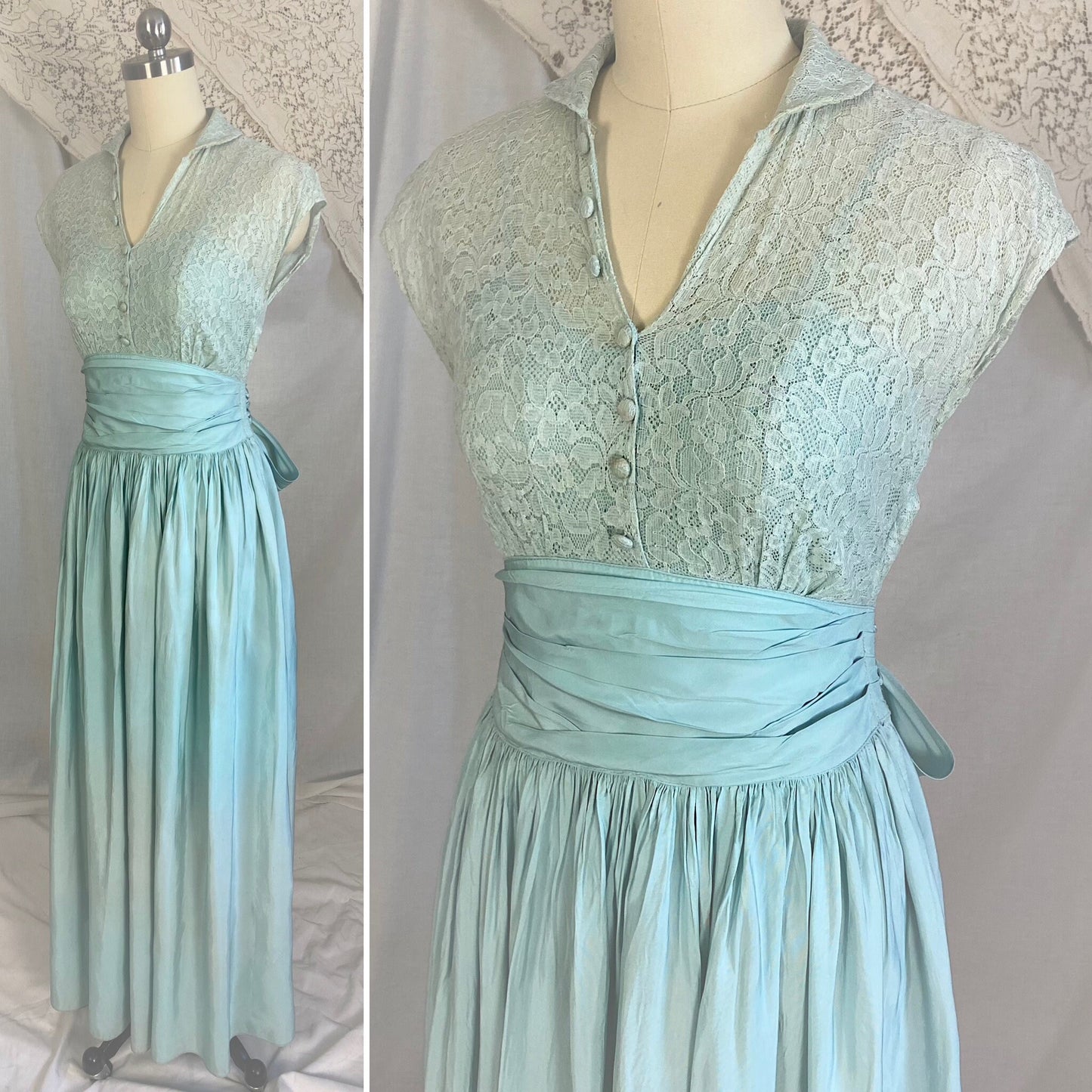 Vintage 1940's Maxi Dress | Dusty Pale Blue Floral Cotton Lace with Rayon Taffeta Skirt | Size XS