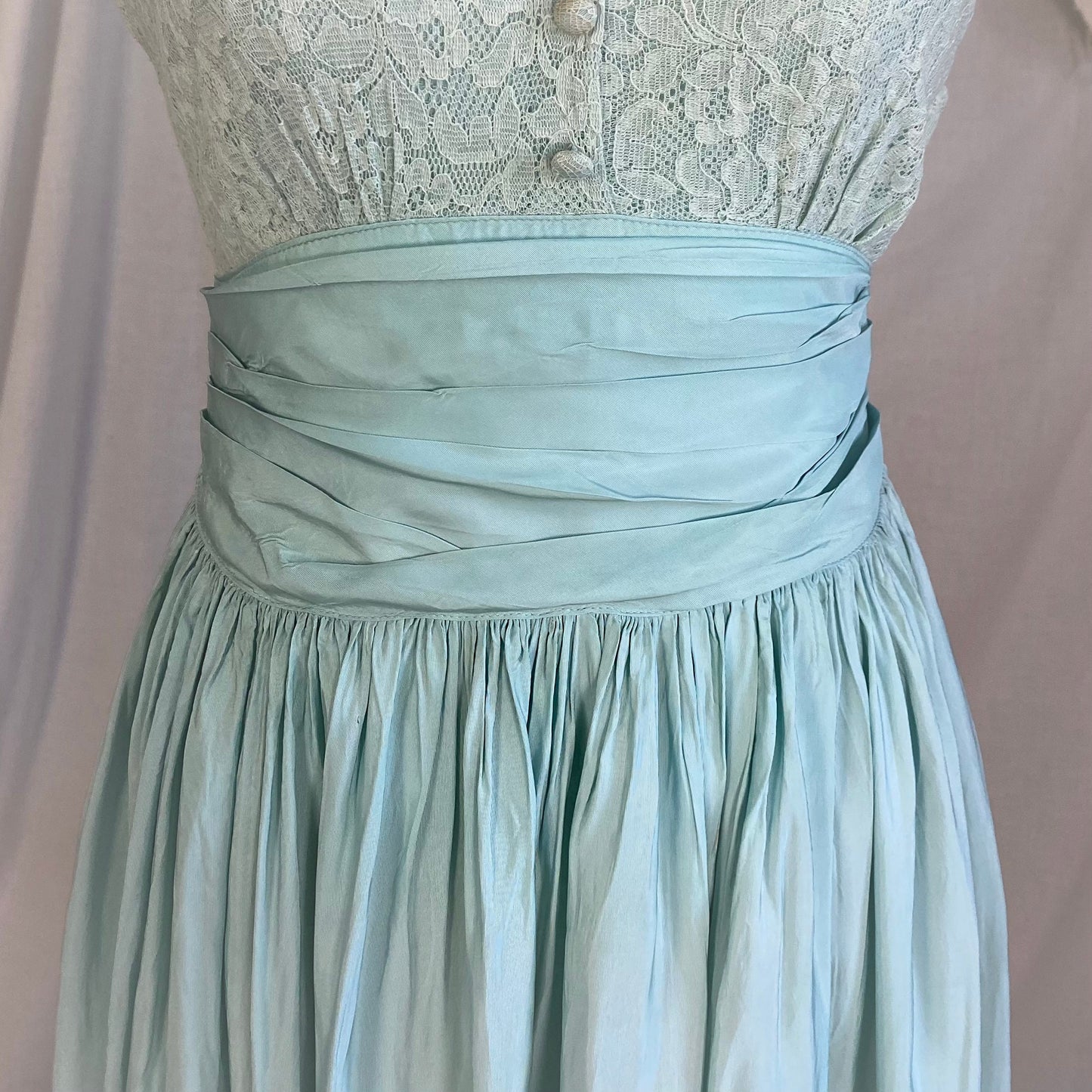 Vintage 1940's Maxi Dress | Dusty Pale Blue Floral Cotton Lace with Rayon Taffeta Skirt | Size XS
