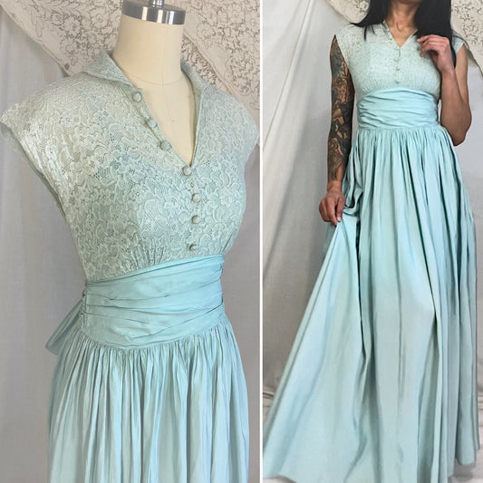 Vintage 1940s light dusty blue floral cotton lace with long satin skirt maxi dress that buttons up the chest. Size 32 bust with a 27 waist, size XS extra small. Dress for casual semi-formal or formal events. Spring wedding or party dress.