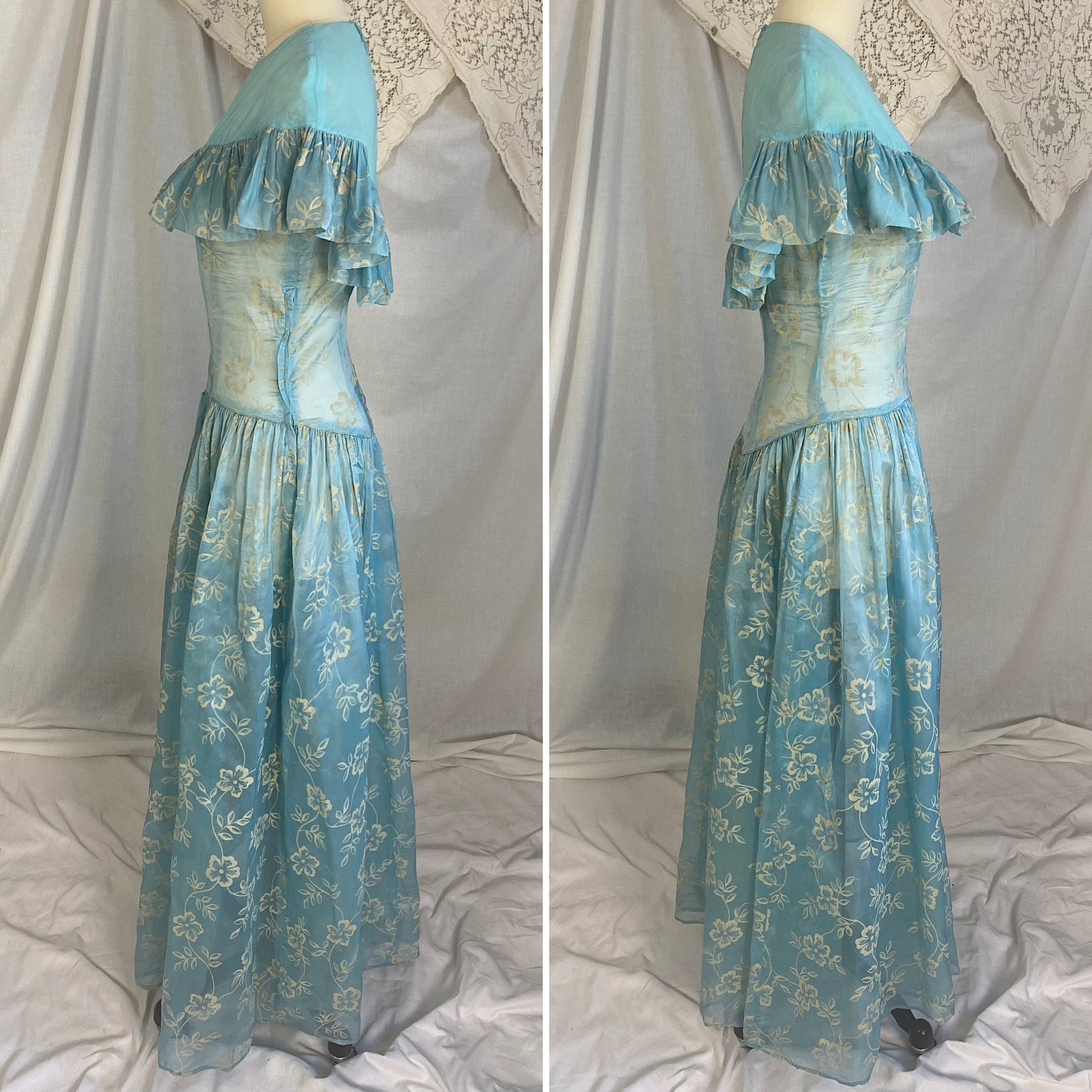 Vintage 1940's Maxi Dress | Sheer Sky Blue Rayon Organza with Fuzzy Cream Floral Pattern & Ruffled Yoke | Size XS