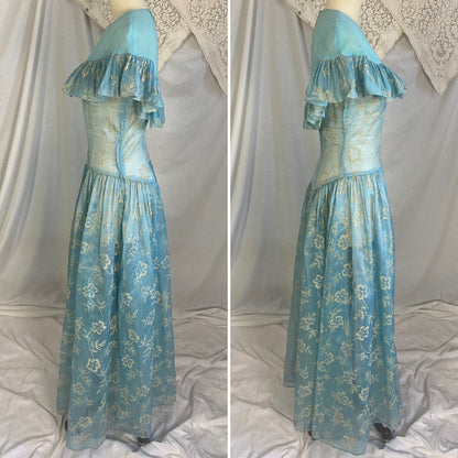Vintage 1940's Maxi Dress | Sheer Sky Blue Rayon Organza with Fuzzy Cream Floral Pattern & Ruffled Yoke | Size XS