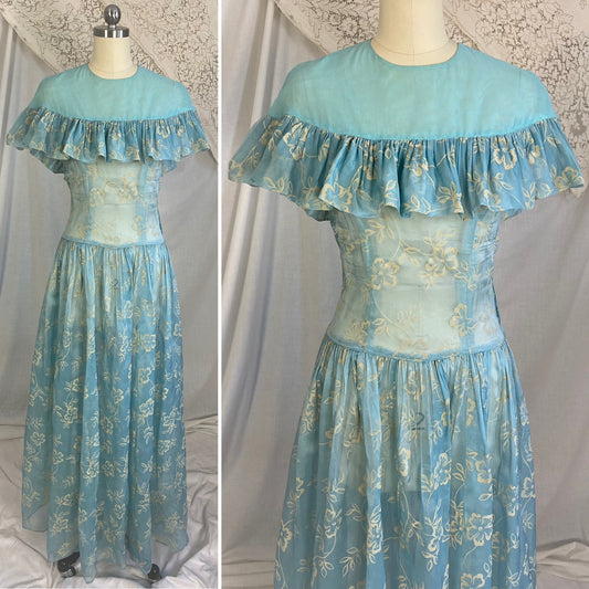 Vintage 1940's Maxi Dress | Sheer Sky Blue Rayon Organza with Fuzzy Cream Floral Pattern & Ruffled Yoke | Size XS