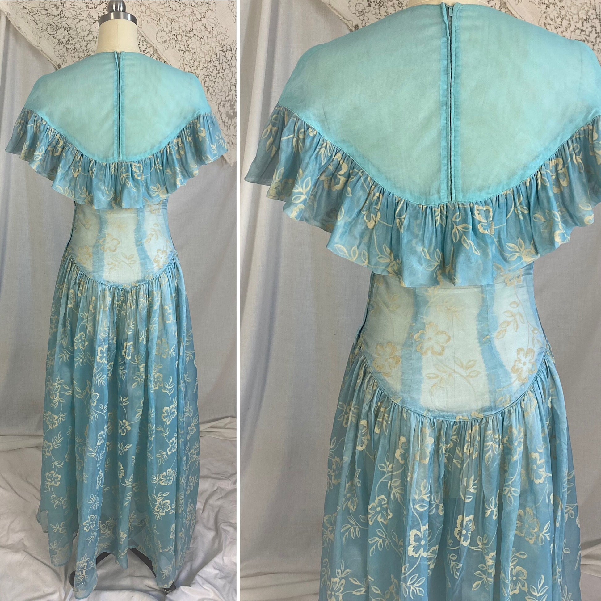 Vintage 1940's Maxi Dress | Sheer Sky Blue Rayon Organza with Fuzzy Cream Floral Pattern & Ruffled Yoke | Size XS