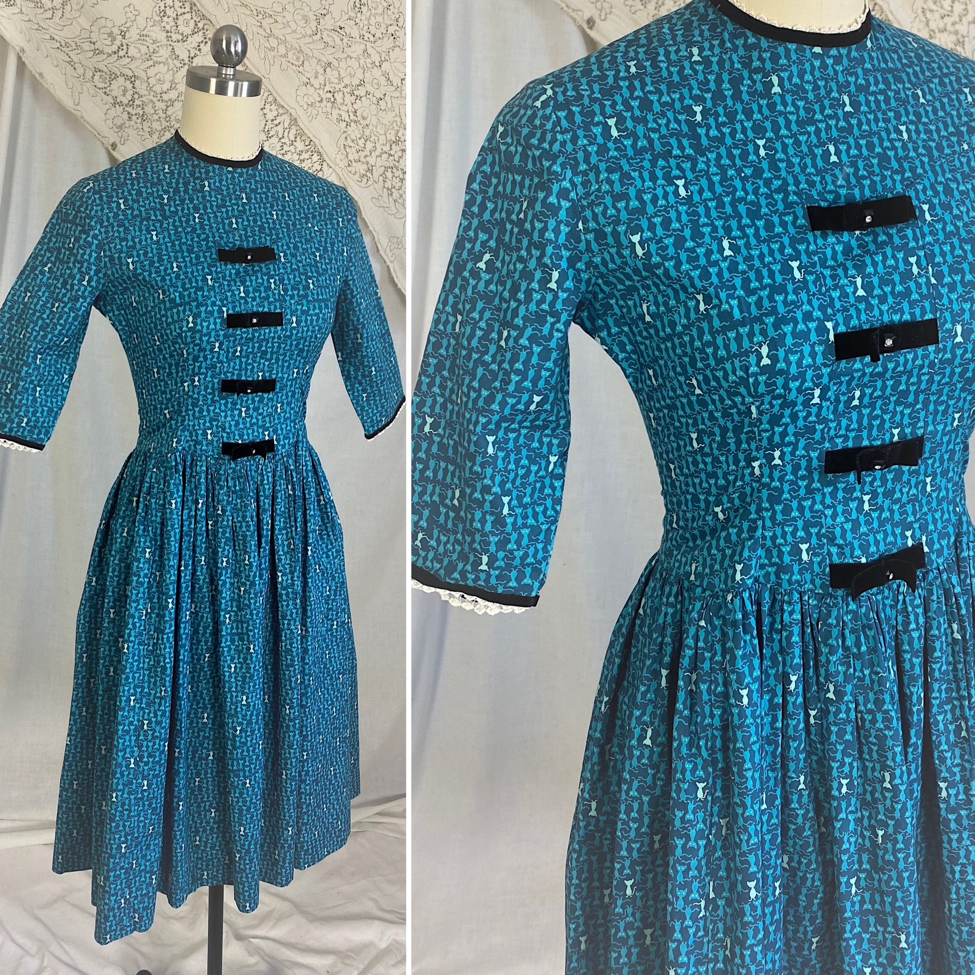 1950's - 1960's Full Swing Dress | Blue Cotton with Atomic Kitty Cat Print & Rhinestone Black Velvet Bows | Size XS Petite | Semitee N