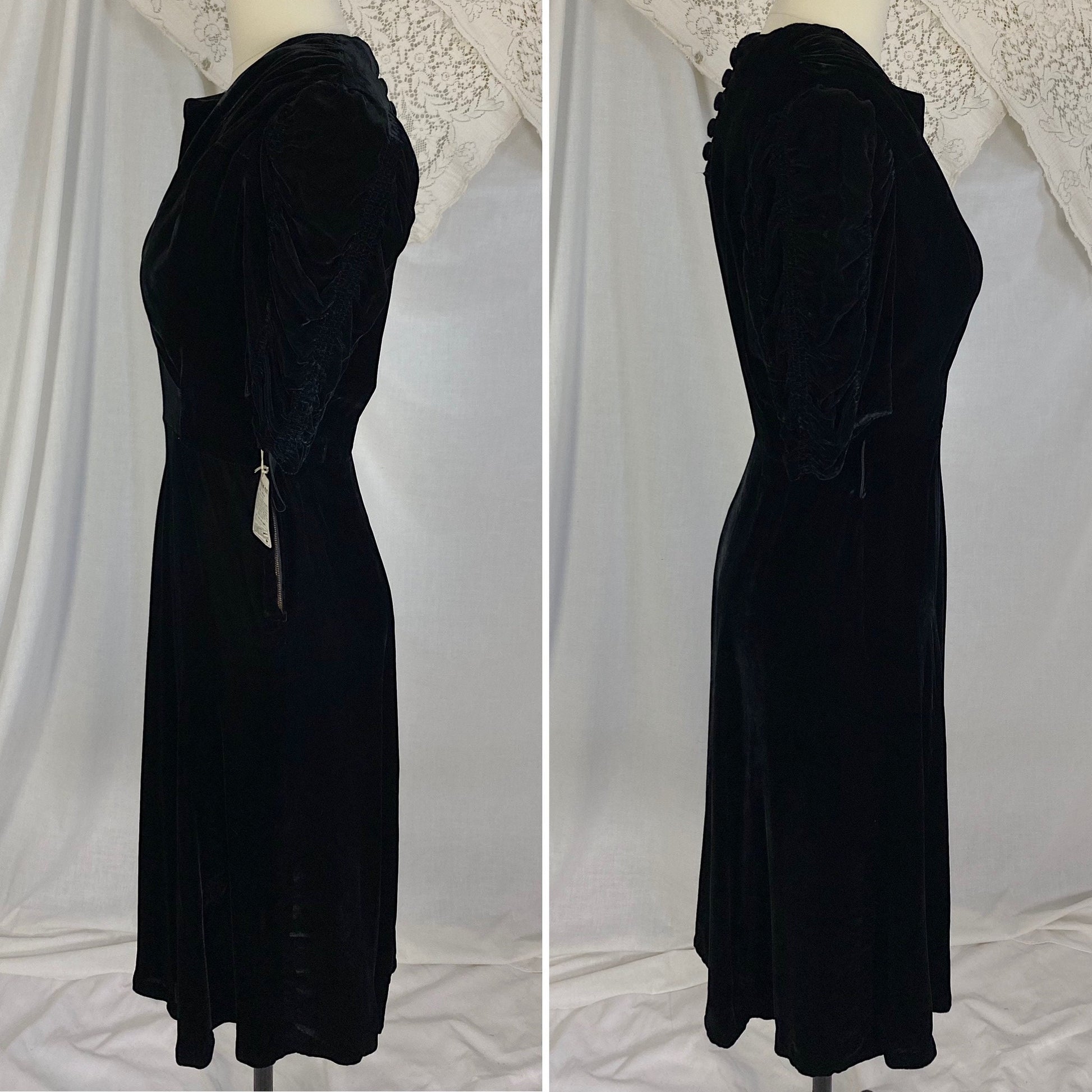 Vintage 1940's Dress | Deep Black Rayon Velvet with Ruched Puff Sleeves & Fabric Covered Buttons | Size M | New with Tags