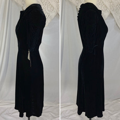 Vintage 1940's Dress | Deep Black Rayon Velvet with Ruched Puff Sleeves & Fabric Covered Buttons | Size M | New with Tags
