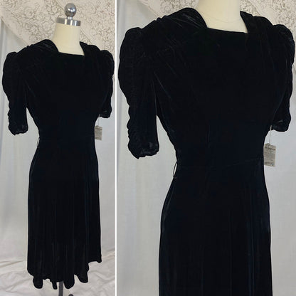 Vintage 1940's Dress | Deep Black Rayon Velvet with Ruched Puff Sleeves & Fabric Covered Buttons | Size M | New with Tags