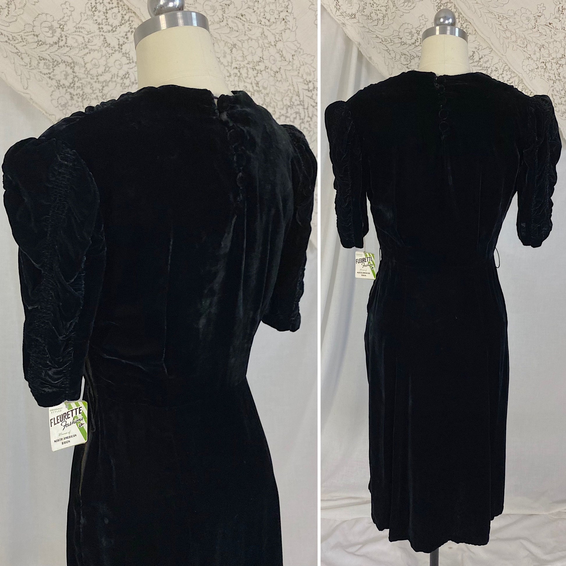 Vintage 1940's Dress | Deep Black Rayon Velvet with Ruched Puff Sleeves & Fabric Covered Buttons | Size M | New with Tags