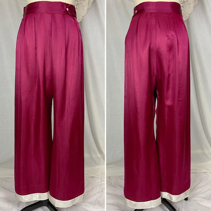 Vintage 1940's - 1950's Lounge Set | Cream Satin Damask & Magenta Pink Silk with Frog Buttons | Size S, M | Unworn with Tag