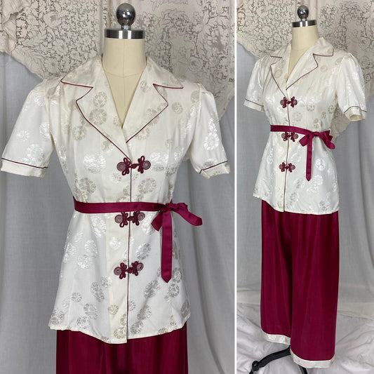 Vintage 1940's - 1950's Lounge Set | Cream Satin Damask & Magenta Pink Silk with Frog Buttons | Size S, M | Unworn with Tag