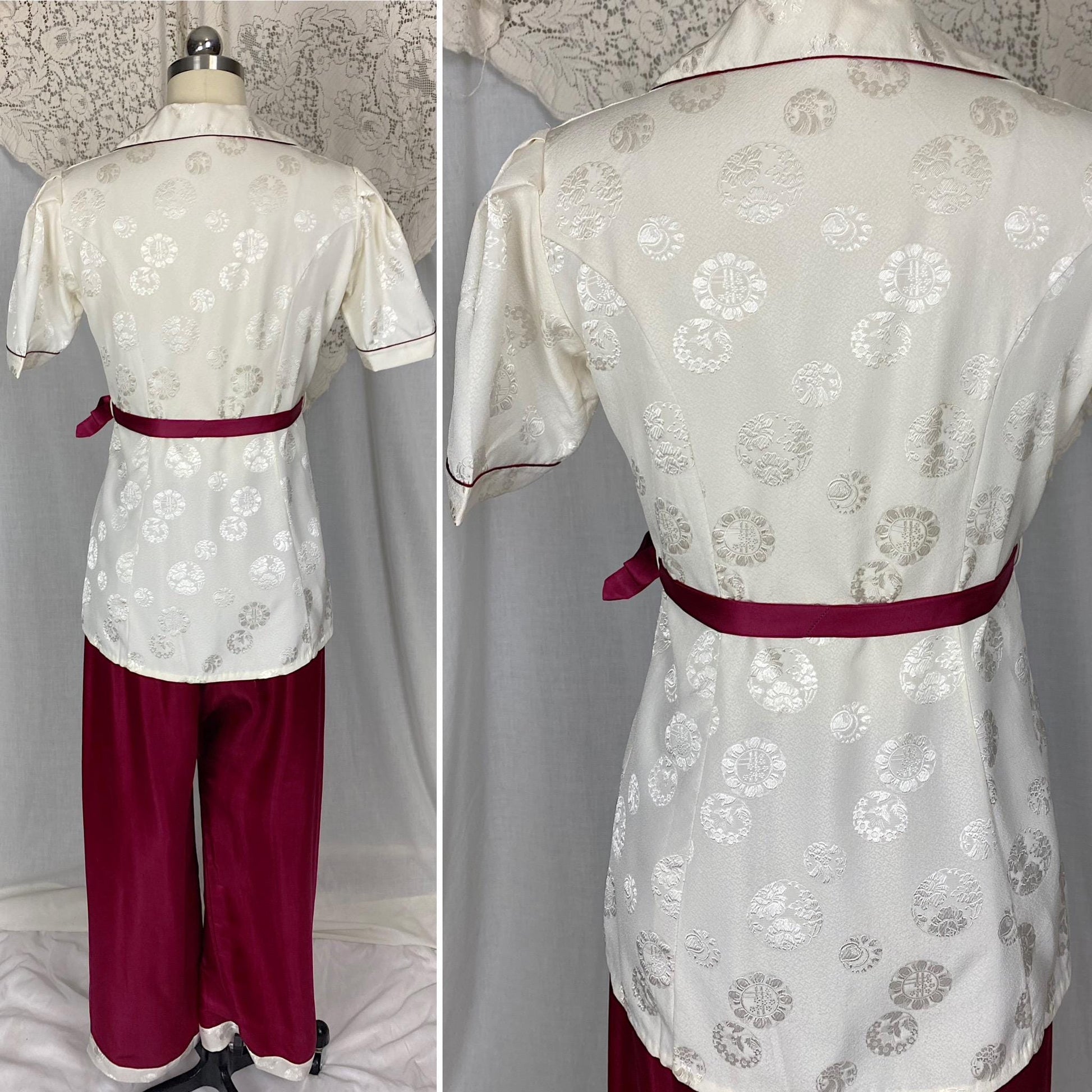 Vintage 1940's - 1950's Lounge Set | Cream Satin Damask & Magenta Pink Silk with Frog Buttons | Size S, M | Unworn with Tag
