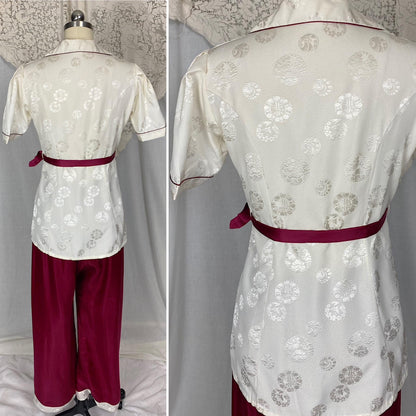Vintage 1940's - 1950's Lounge Set | Cream Satin Damask & Magenta Pink Silk with Frog Buttons | Size S, M | Unworn with Tag