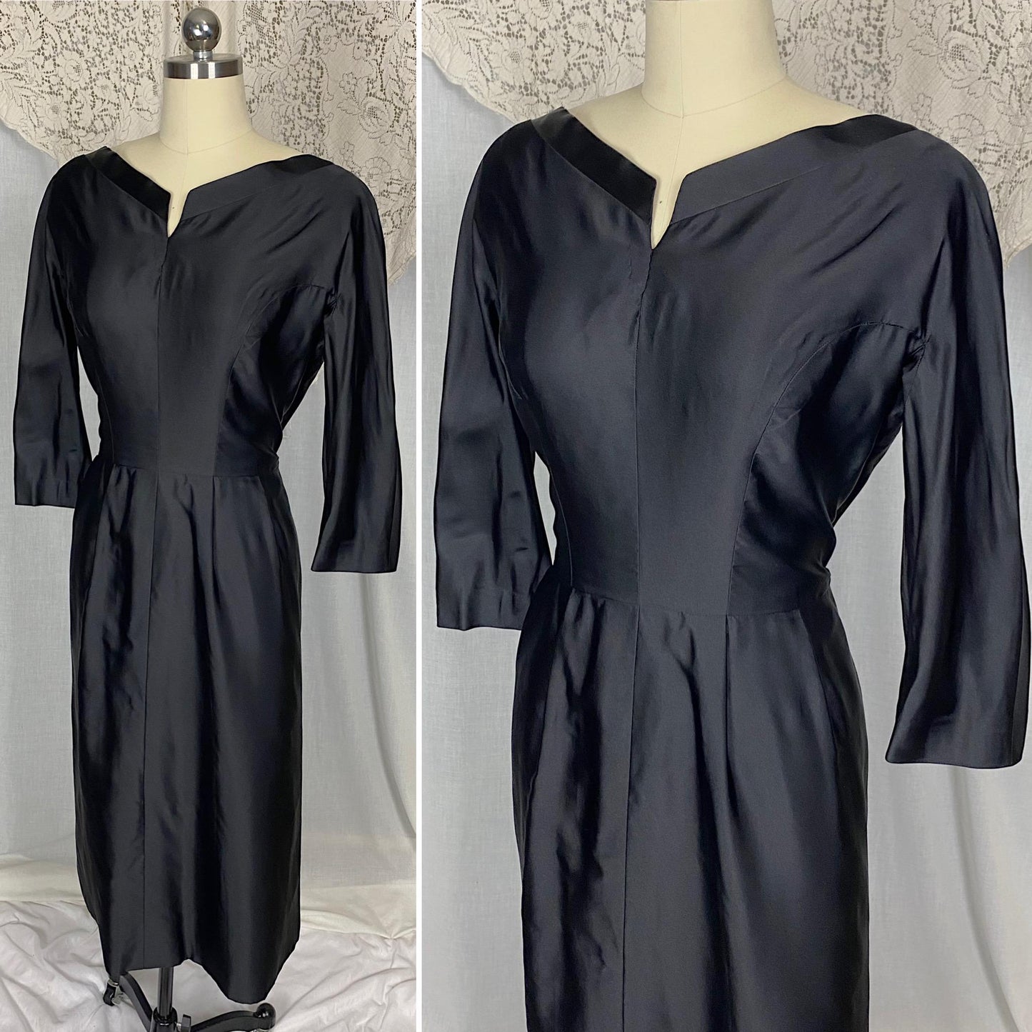 Vintage 1950's - 1960's Dress | Inky Black Silk with Ruched Bustle Detail | Size LG | Fira Benenson for Lord & Taylor