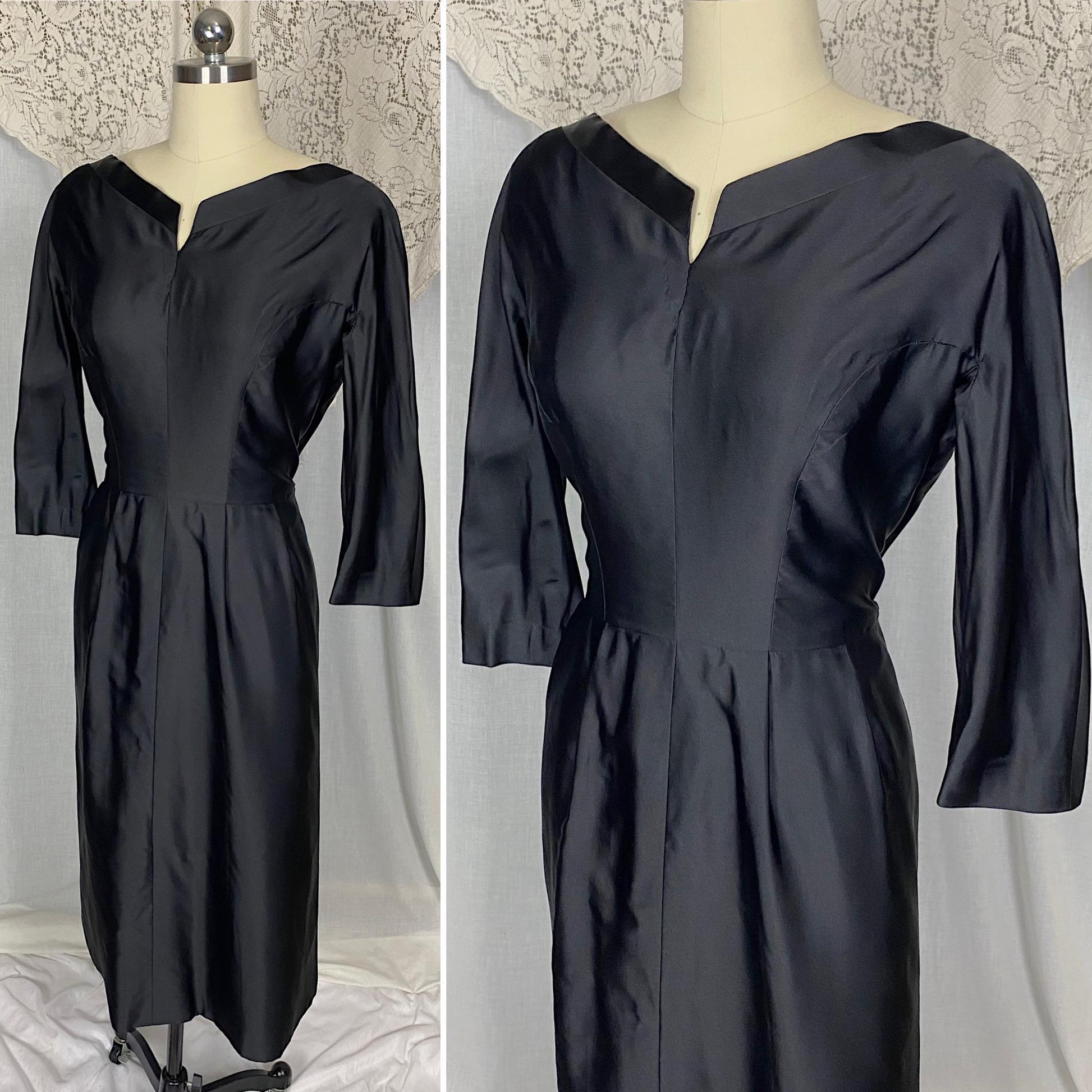 Vintage 1950's - 1960's Dress | Inky Black Silk with Ruched Bustle Detail | Size LG | Fira Benenson for Lord & Taylor