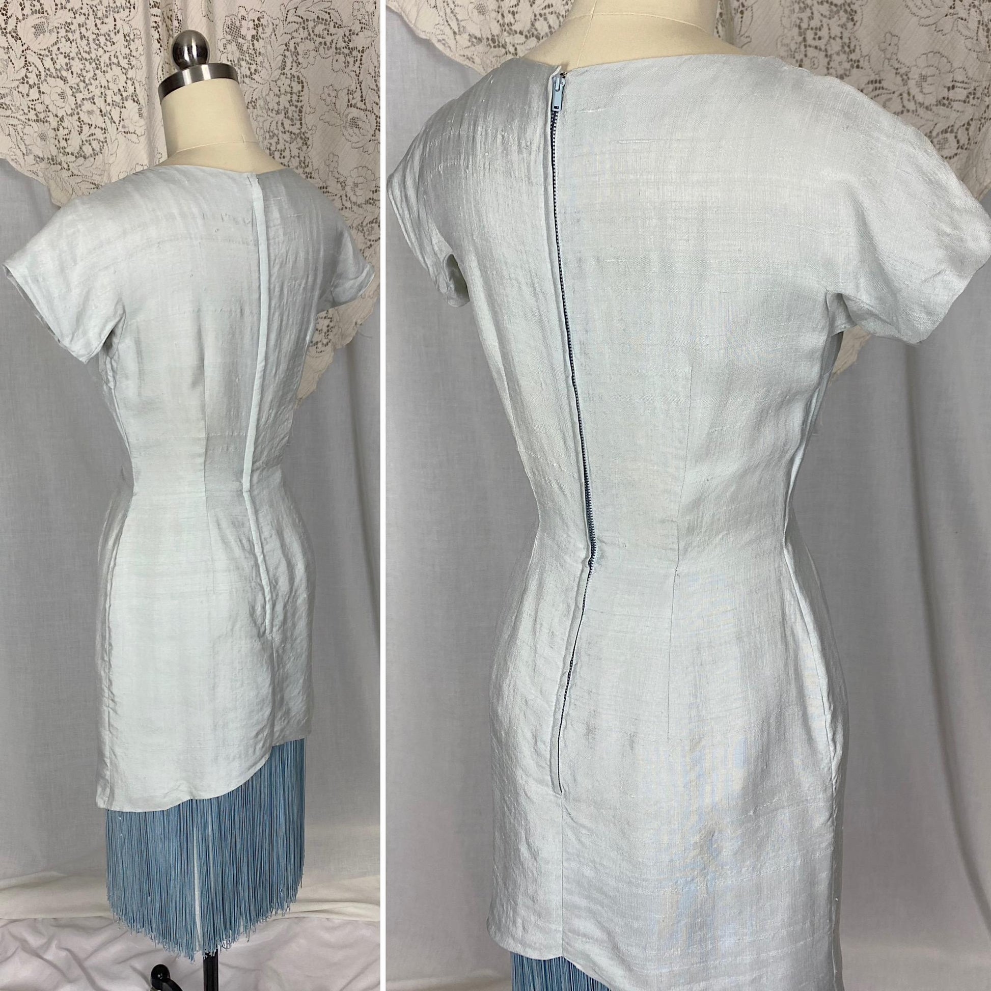Vintage 1940s - 1950's Dress | Icy Pale Blue Shantung Silk with Fringe | Size XS | Seymour Jacobson