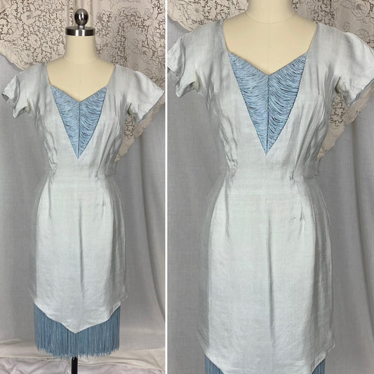 Vintage 1940s - 1950's Dress | Icy Pale Blue Shantung Silk with Fringe | Size XS | Seymour Jacobson