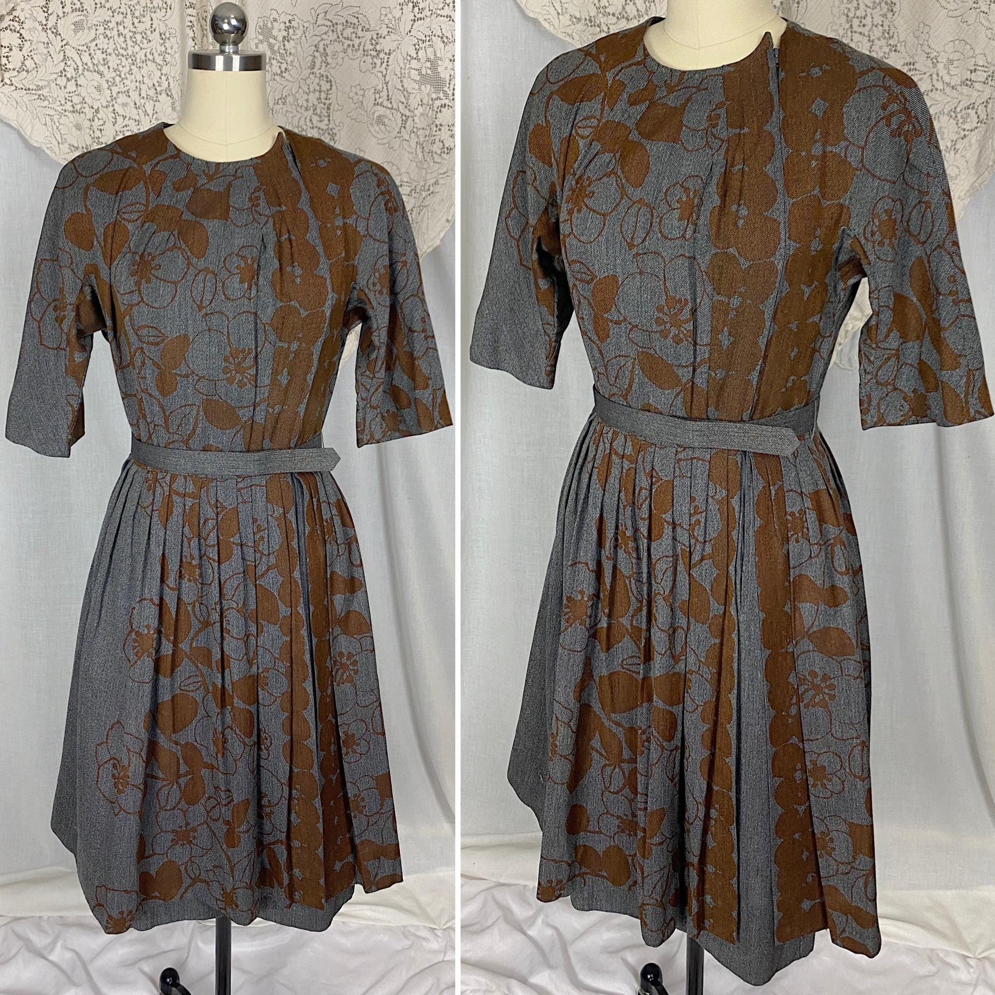 Vintage 1950's Dress | Blue Tweed with Chocolate Brown Floral Print | Size S, M | Dede Johnson California