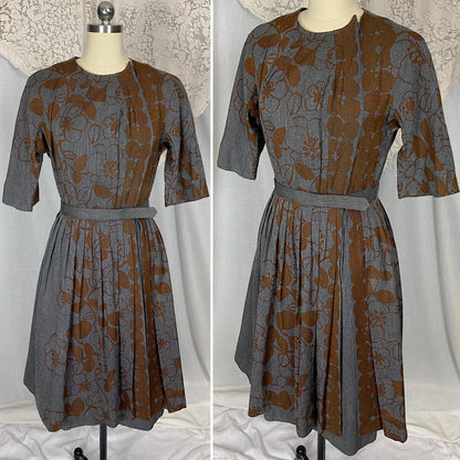 Vintage 1950's Dress | Blue Tweed with Chocolate Brown Floral Print | Size S, M | Dede Johnson California