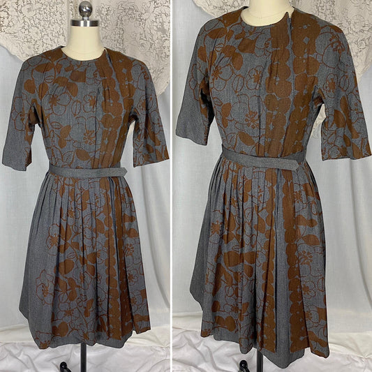 Vintage 1950's Dress | Blue Tweed with Chocolate Brown Floral Print | Size S, M | Dede Johnson California