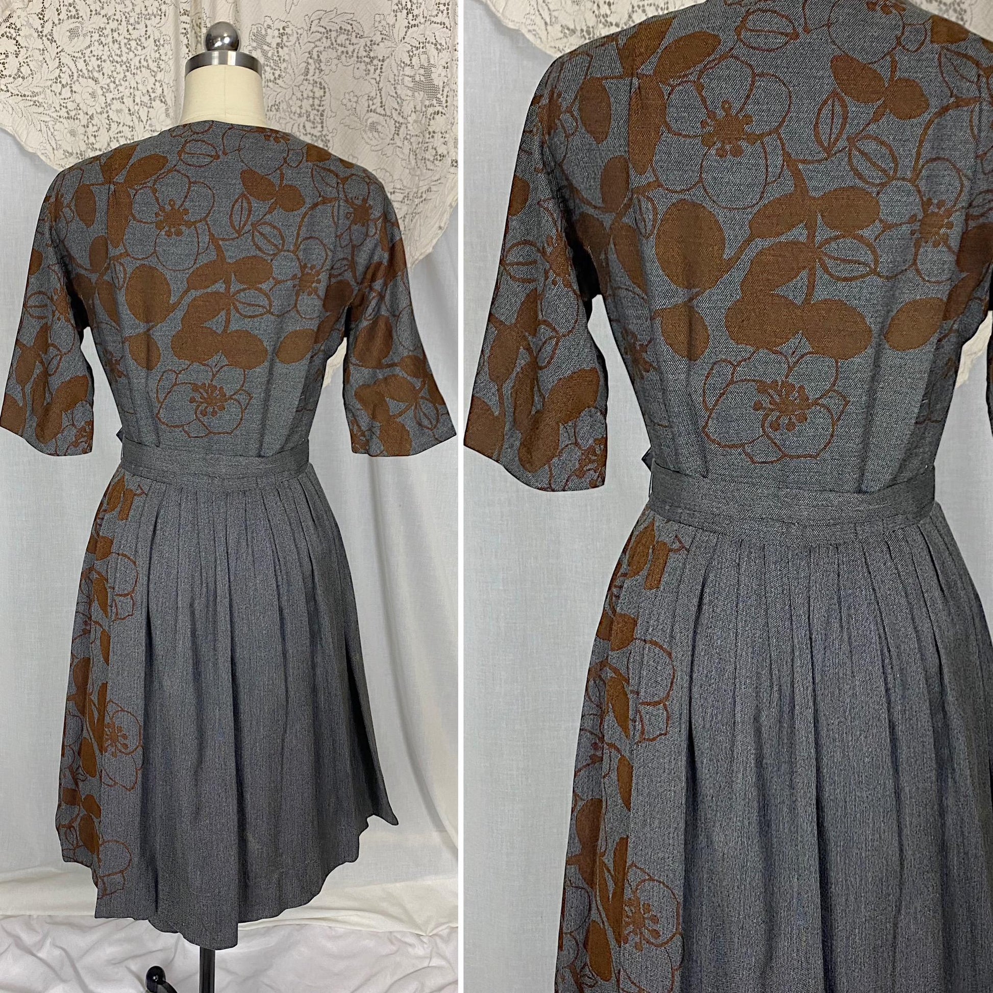 Vintage 1950's Dress | Blue Tweed with Chocolate Brown Floral Print | Size S, M | Dede Johnson California
