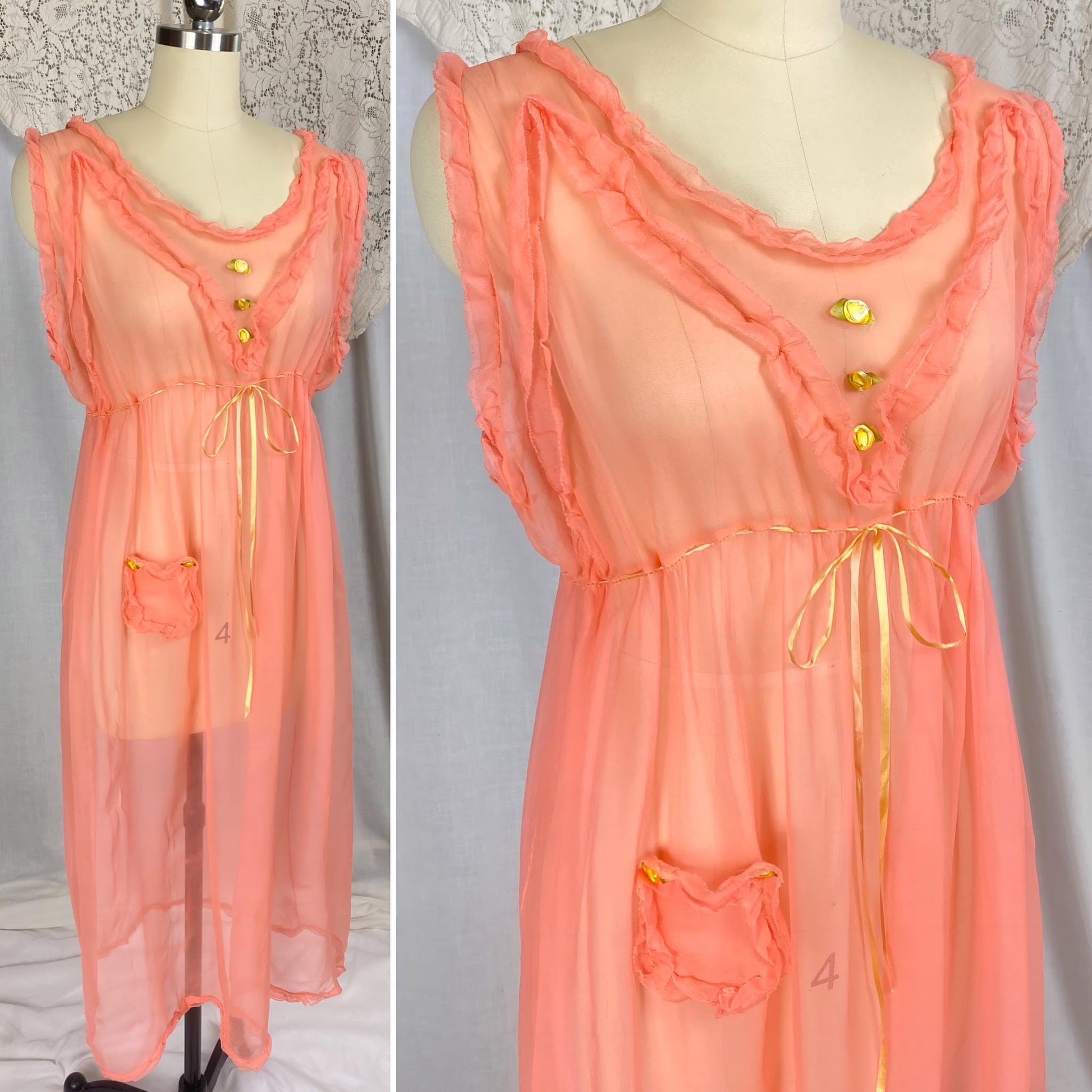 Vintage 1920's Nightgown | Sheer Coral Pink Silk with Ruffled Detail & Drawstring Waist | Size S, M. LG