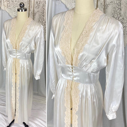 Vintage 1940's Dressing Gown Robe | Pearly White Rayon Satin with Ecru Floral Lace & Shell Buttons | Size LG, XLG | Tranel