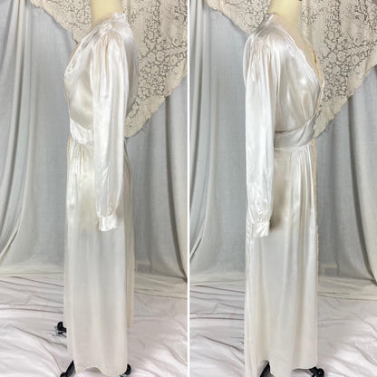 Vintage 1940's Dressing Gown Robe | Pearly White Rayon Satin with Ecru Floral Lace & Shell Buttons | Size LG, XLG | Tranel