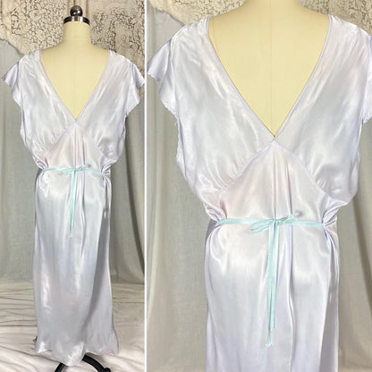 Vintage 1940's Nightgown | Pale Blue Rayon Satin with Warm Nude Lace | Size XLG, XXLG