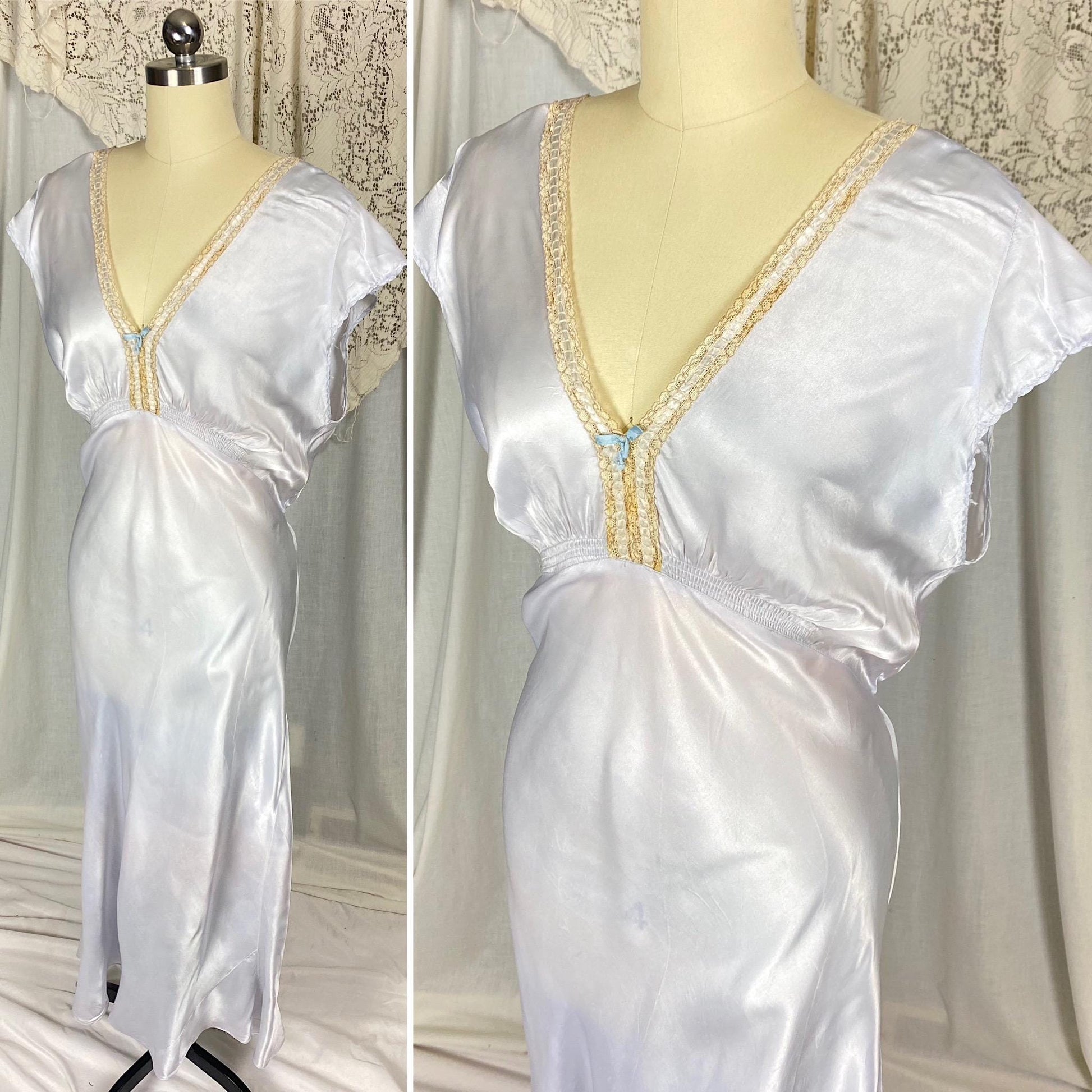 Vintage 1940's Nightgown | Pale Blue Rayon Satin with Warm Nude Lace | Size XLG, XXLG
