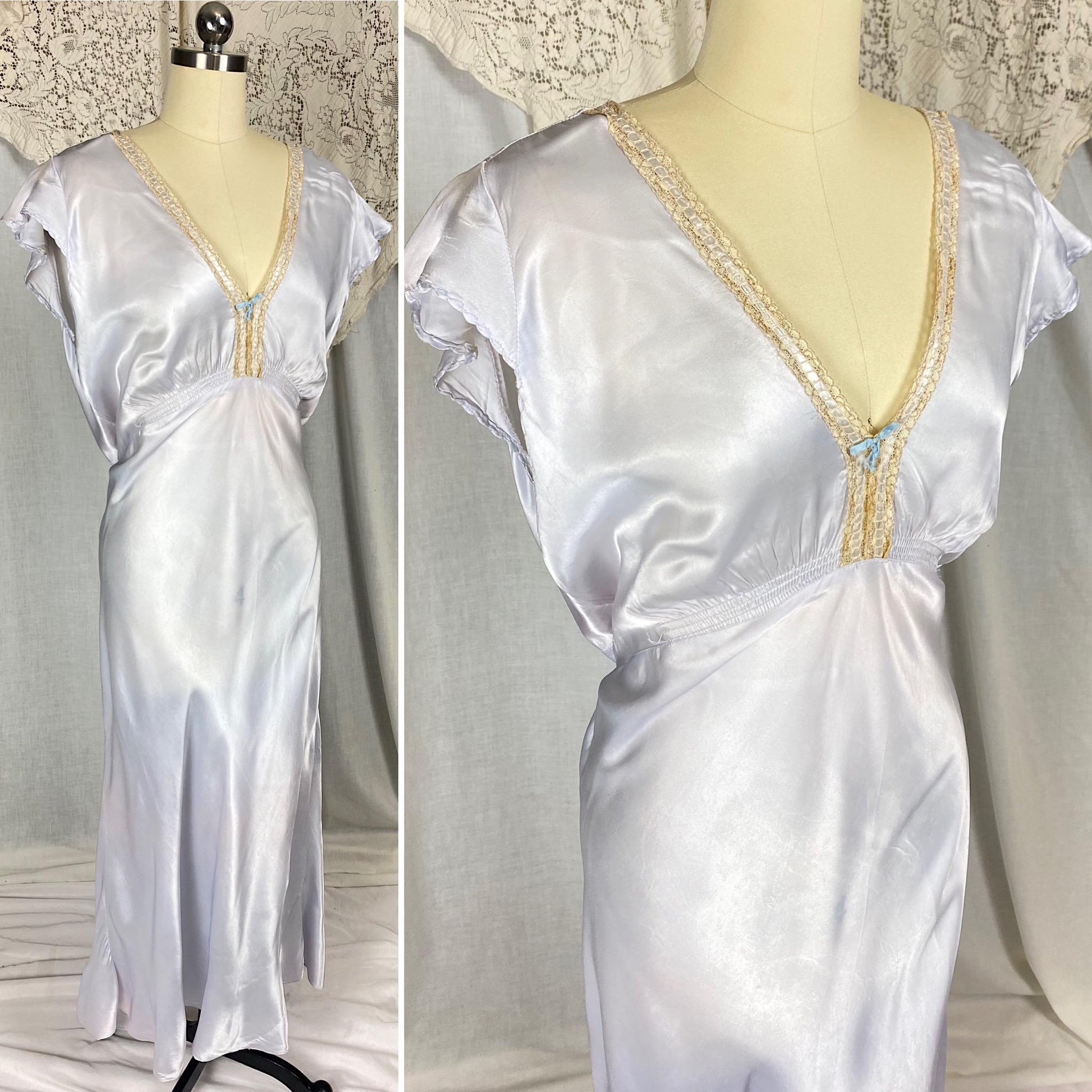 Vintage 1940's Nightgown | Pale Blue Rayon Satin with Warm Nude Lace | Size XLG, XXLG